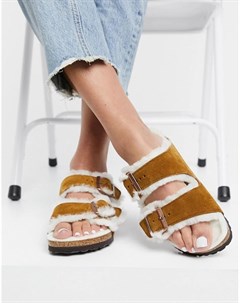 Коричневые сандалии с отделкой искусственным мехом Arizona Birkenstock