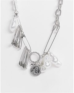 Серебристое короткое ожерелье с искусственным жемчугом и английскими булавками Asos design