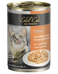 Влажный корм для кошек нежные кусочки в соусе три вида мяса 0 4 кг Edel cat