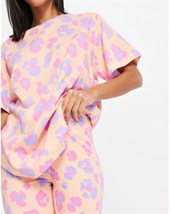 Пижамный комплект из футболки и леггинсов в стиле oversized персикового цвета с леопардовым принтом Asos design
