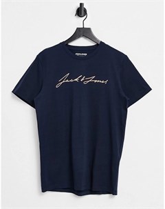 Футболка темно синего цвета с маленьким логотипом надписью Originals Jack & jones