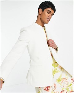Зауженный пиджак из белого жаккарда с запахом и поясом wedding Asos design