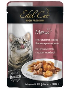 Влажный корм для кошек нежные кусочки в желе пауч с лососем и камбалой 0 1 кг Edel cat