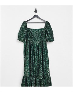 Изумрудно зеленое жаккардовое платье миди с пышными рукавами Collective the label curve