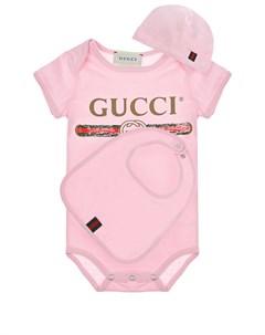 Розовый подарочный комплект боди нагрудник и шапка Gucci