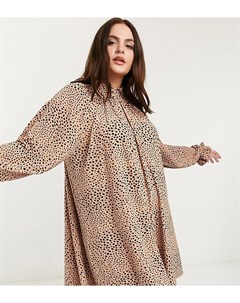 Свободное бежевое платье мини с оборками на вороте в черный горошек ASOS DESIGN Curve Asos curve