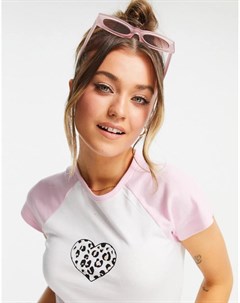 Розовая футболка с рукавами реглан и леопардовым принтом в сердечке New look