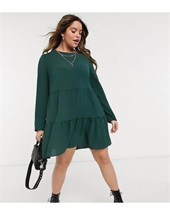 Зеленое ярусное платье мини свободного кроя с длинными рукавами ASOS DESIGN Curve Asos curve