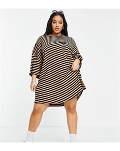 Платье футболка мини в стиле oversized в черную и бежевую полоску в рубчик ASOS DESIGN Curve Asos curve