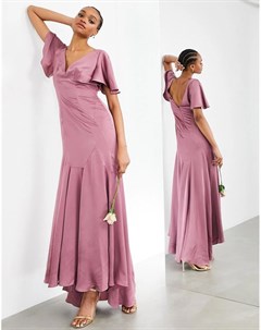 Светло лиловое атласное платье макси с рукавами клеш Asos edition