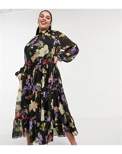 Ярусное платье макси с высоким воротом и ярким узором из зимних цветов ASOS DESIGN Curve Asos curve