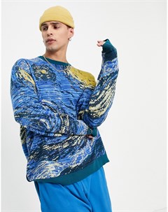 Трикотажный жаккардовый джемпер синего цвета с принтом в стиле картин Ван Гога Asos design
