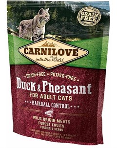 Сухой корм Hairball Control Duck Pheasant for Adult Cats с уткой и фазаном для взрослых кошек 400 г  Carnilove