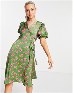 Зеленое платье миди с запахом и цветочным принтом Liquorish