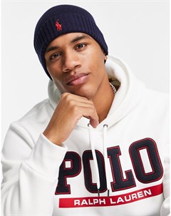 Шерстяная шапка бини темно синего цвета с логотипом в виде лошади Polo ralph lauren