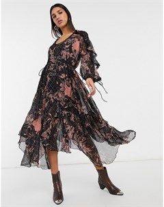 Платье миди с размытым цветочным принтом с драпировкой и оборками кружевными вставками и бахромой Asos design