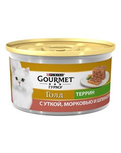 Корм для кошек Gold утка морковь шпинат по французски кусочки в паштете банка 85г Gourmet