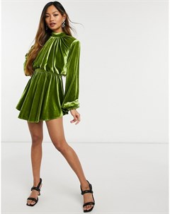 Зеленое бархатное платье мини с расклешенной юбкой пышными рукавами на резинке и высоким воротником  Asos luxe