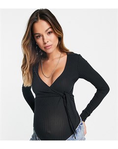 Черное боди в рубчик на запахе в балетном стиле Flounce london maternity