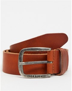 Коричневый гладкий кожаный ремень с фирменной пряжкой Jack & jones