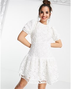 Белое платье мини с пышными рукавами и кружевом Miss selfridge