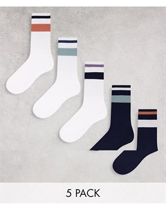 Набор из 5 пар спортивных носков темно синего и белого цветов с полосками Jack & jones
