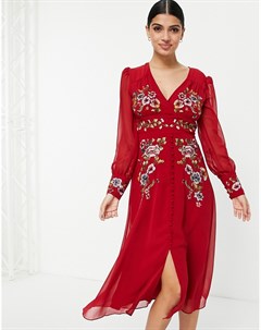 Чайное платье миди красного цвета с длинными рукавами и вышивкой Hope & ivy