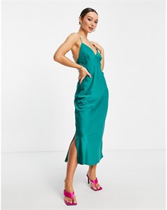 Зеленое атласное платье комбинация миди Vero moda
