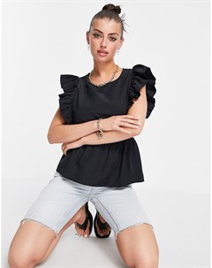 Черная блузка из смесового органического хлопка с баской и оборками на плечах Aware Vero moda
