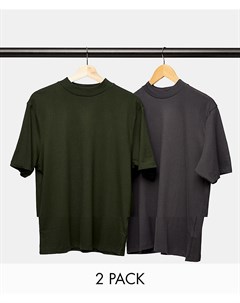 Набор из 2 футболок серого и зеленого цвета с высоким воротником Topman