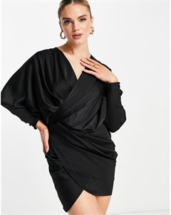 Черное платье мини с глубоким вырезом драпировкой и рукавами летучая мышь Asos design