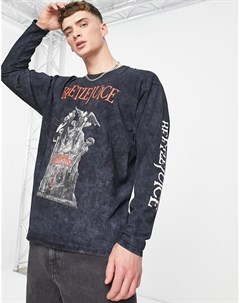 Черный выбеленный oversized лонгслив с принтом Beetlejuice Topman