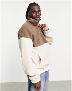 Бежевый плюшевый oversized свитшот в стиле колор блок на молнии длиной 1 4 Originals Jack & jones