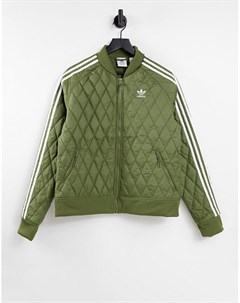 Стеганая спортивная куртка бойфренда на молнии цвета хаки с тремя полосками Adidas originals