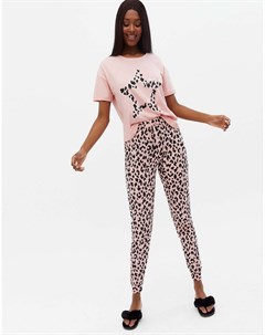 Пижамный комплект розового цвета с леопардовым принтом из футболки и джоггеров New look
