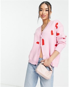 Розовый вязаный кардиган с принтом сердечек от комплекта Style cheat