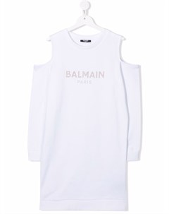 Платье с открытыми плечами и логотипом Balmain kids