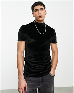Черная велюровая облегающая футболка с высоким воротником Asos design