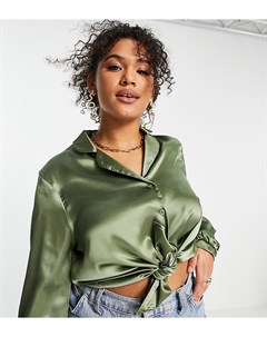 Атласная рубашка цвета хаки в стиле oversized Flounce london plus