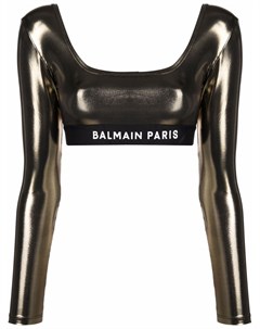 Укороченный топ с эффектом металлик и логотипом Balmain