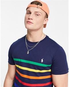 Темно синяя футболка в разноцветную полоску с маленьким логотипом Polo ralph lauren