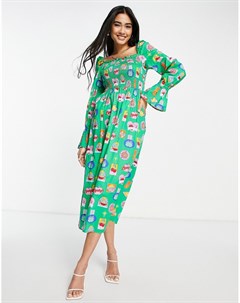Зеленое присборенное платье миди с принтом стикеров с фруктами Never fully dressed