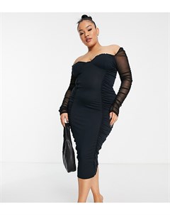 Черное присборенное платье миди с сетчатыми рукавами ASOS DESIGN Curve Asos curve