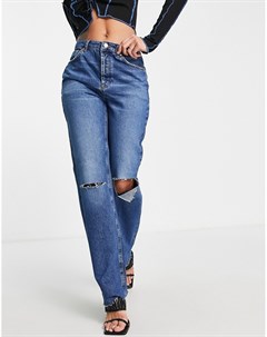 Синие прямые джинсы со рваными коленями и завышенной талией Na-kd