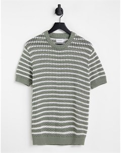 Футболка вязки кроше в оливковую полоску Topman