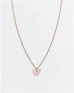 Золотистое ожерелье с подвеской в виде розовой бабочкой Topshop