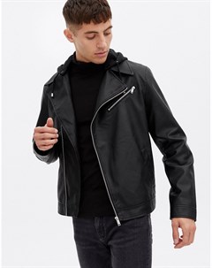 Черная байкерская куртка из искусственной кожи с капюшоном New look