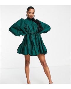Платье мини из хлопкового поплина бутылочного зеленого цвета с расклешенной юбкой складками и кокетк Asos petite