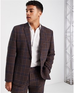 Узкий пиджак с добавлением шерсти и крупным узором гусиная лапка коричневого и темно бирюзового цвет Asos design
