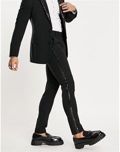 Супероблегающие брюки под смокинг черного цвета с лацканами с отделкой черными пайетками Asos design